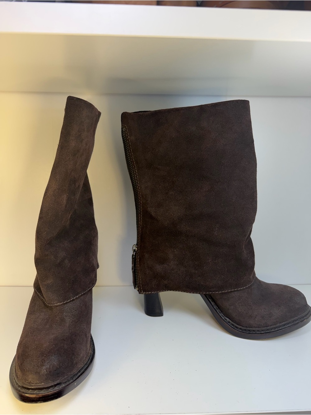 Vera Wang Lavender Label Dark Brown Suede Mid-Calf Heeled Boots